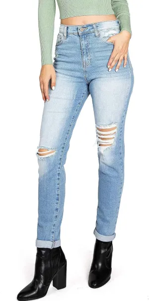 Celebrity Pink Women's Juniors High Waisted Distressed Mom Jeans