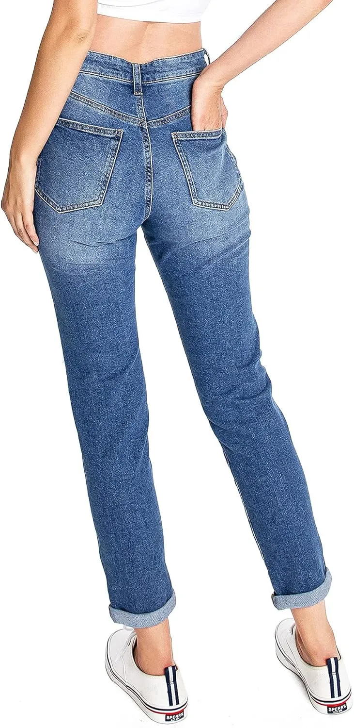 Celebrity Pink Women's Juniors High Waisted Distressed Mom Jeans