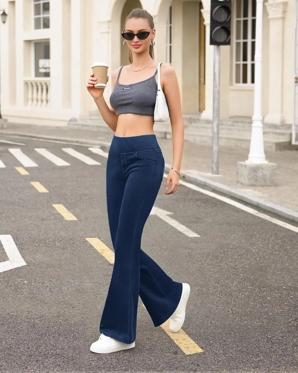 CLOZOZ Flared Jeans for Women High Waisted Stretchy Pull On Bell Bottom Flare Leggings with Pockets