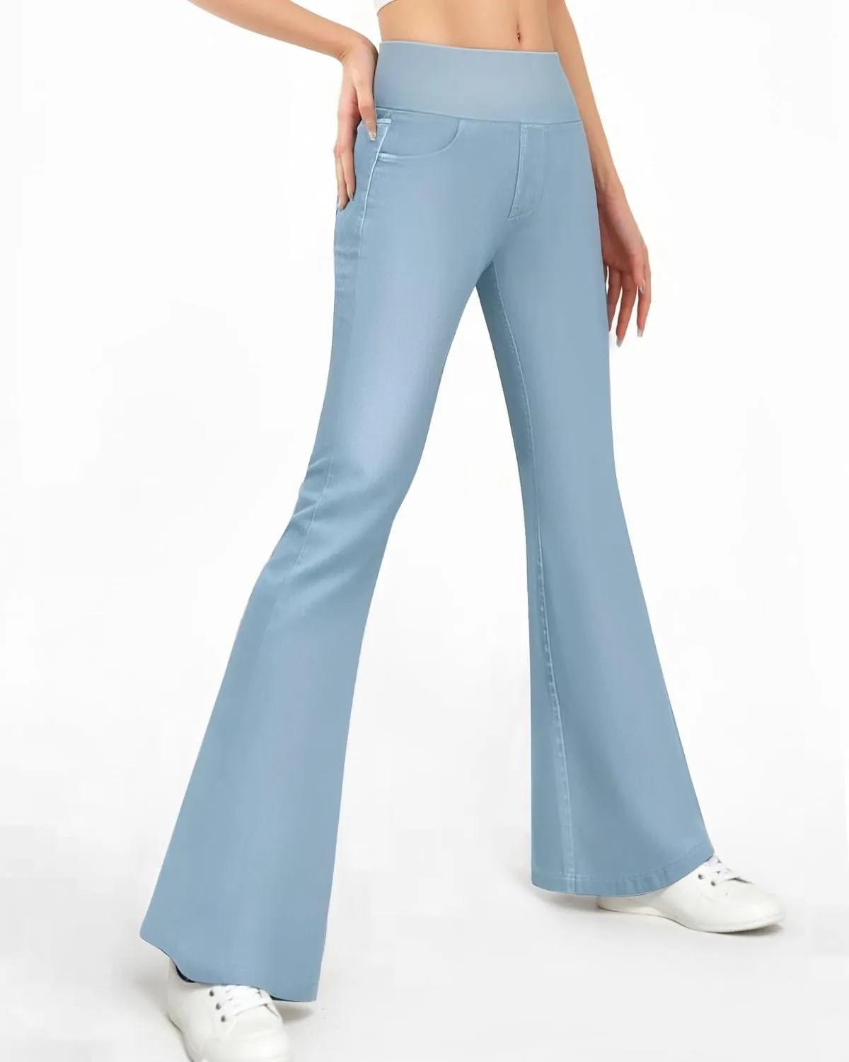 CLOZOZ Flared Jeans for Women High Waisted Stretchy Pull On Bell Bottom Flare Leggings with Pockets