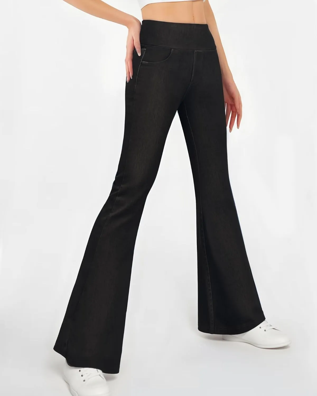 CLOZOZ Flared Jeans for Women High Waisted Stretchy Pull On Bell Bottom Flare Leggings with Pockets