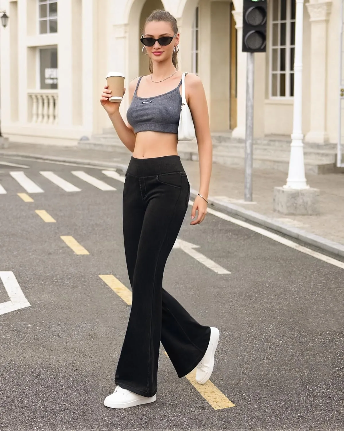 CLOZOZ Flared Jeans for Women High Waisted Stretchy Pull On Bell Bottom Flare Leggings with Pockets