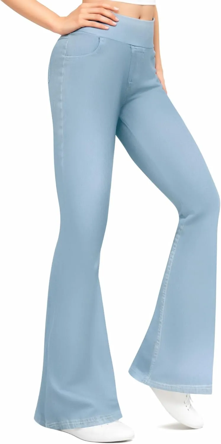 CLOZOZ Flared Jeans for Women High Waisted Stretchy Pull On Bell Bottom Flare Leggings with Pockets