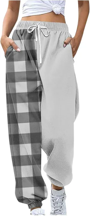 Cotton Plaid Patchwork Sweatpants for Women High Waisted Joggers Lounge Pants for Yoga Running Gym Casual Wear