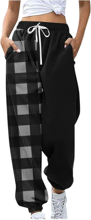 Cotton Plaid Patchwork Sweatpants for Women High Waisted Joggers Lounge Pants for Yoga Running Gym Casual Wear