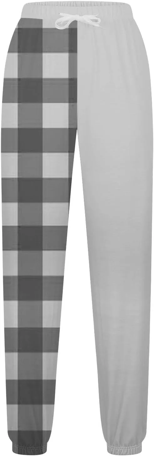 Cotton Plaid Patchwork Sweatpants for Women High Waisted Joggers Lounge Pants for Yoga Running Gym Casual Wear