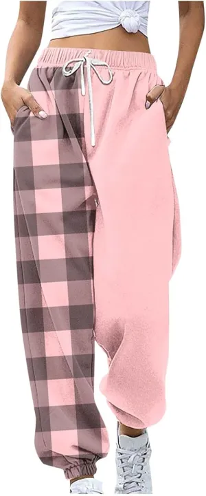 Cotton Plaid Patchwork Sweatpants for Women High Waisted Joggers Lounge Pants for Yoga Running Gym Casual Wear