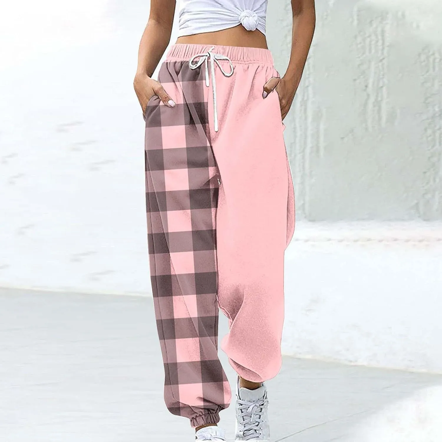 Cotton Plaid Patchwork Sweatpants for Women High Waisted Joggers Lounge Pants for Yoga Running Gym Casual Wear