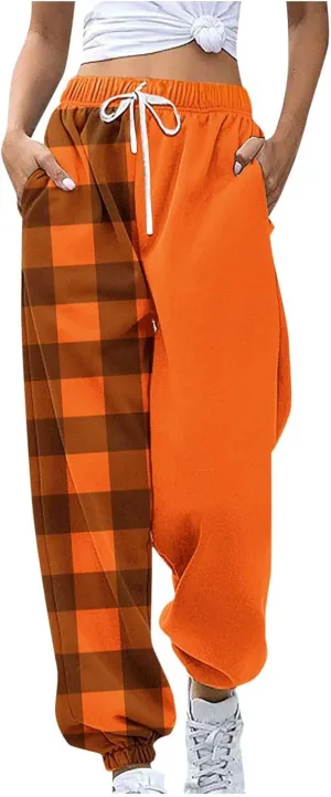 Cotton Plaid Patchwork Sweatpants for Women High Waisted Joggers Lounge Pants for Yoga Running Gym Casual Wear