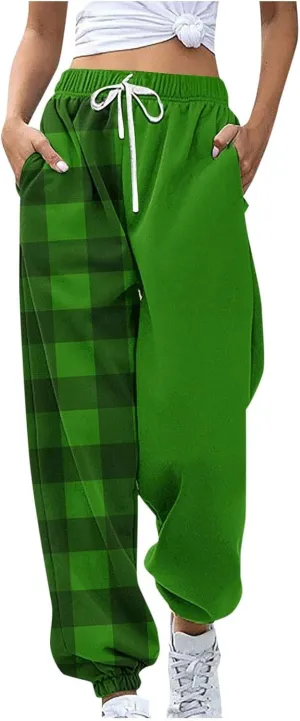 Cotton Plaid Patchwork Sweatpants for Women High Waisted Joggers Lounge Pants for Yoga Running Gym Casual Wear