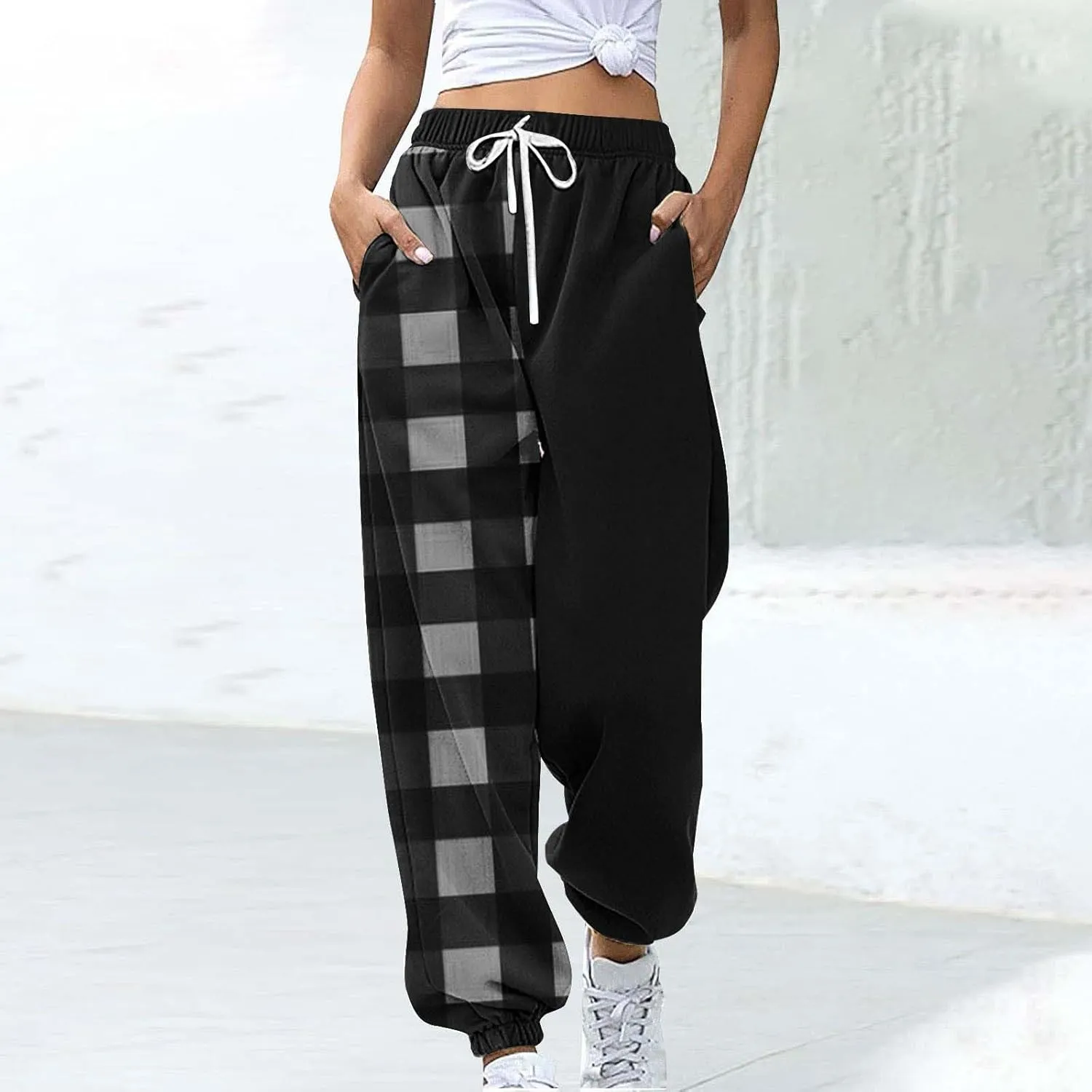 Cotton Plaid Patchwork Sweatpants for Women High Waisted Joggers Lounge Pants for Yoga Running Gym Casual Wear