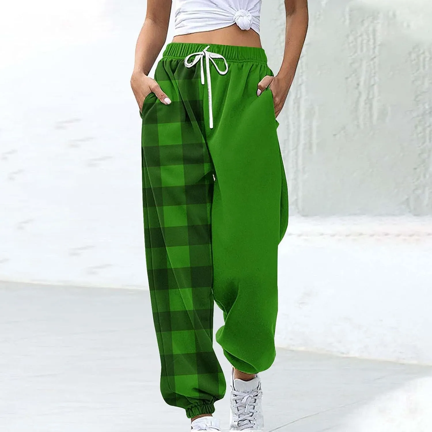 Cotton Plaid Patchwork Sweatpants for Women High Waisted Joggers Lounge Pants for Yoga Running Gym Casual Wear