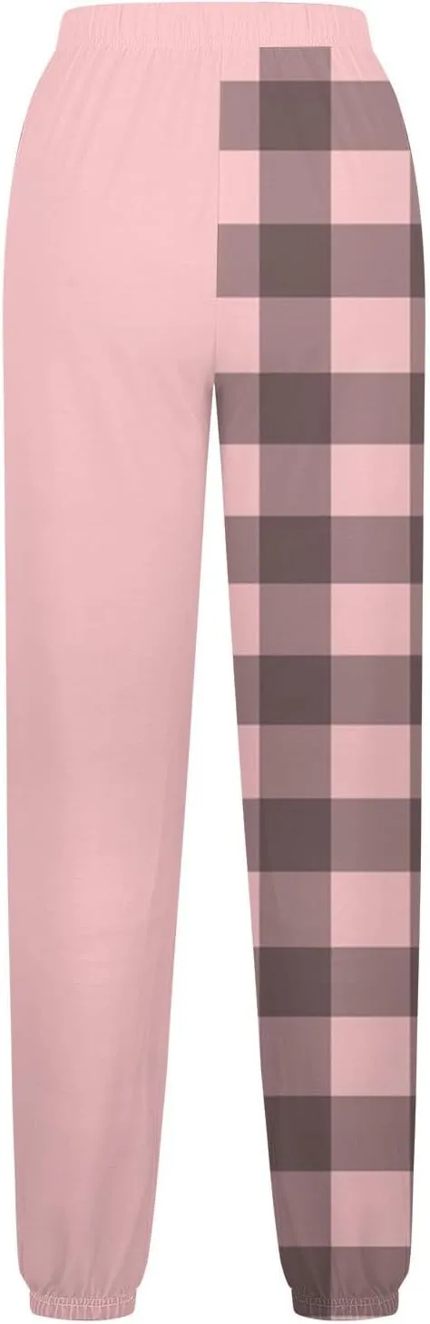 Cotton Plaid Patchwork Sweatpants for Women High Waisted Joggers Lounge Pants for Yoga Running Gym Casual Wear