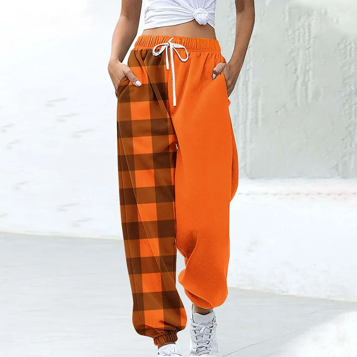 Cotton Plaid Patchwork Sweatpants for Women High Waisted Joggers Lounge Pants for Yoga Running Gym Casual Wear