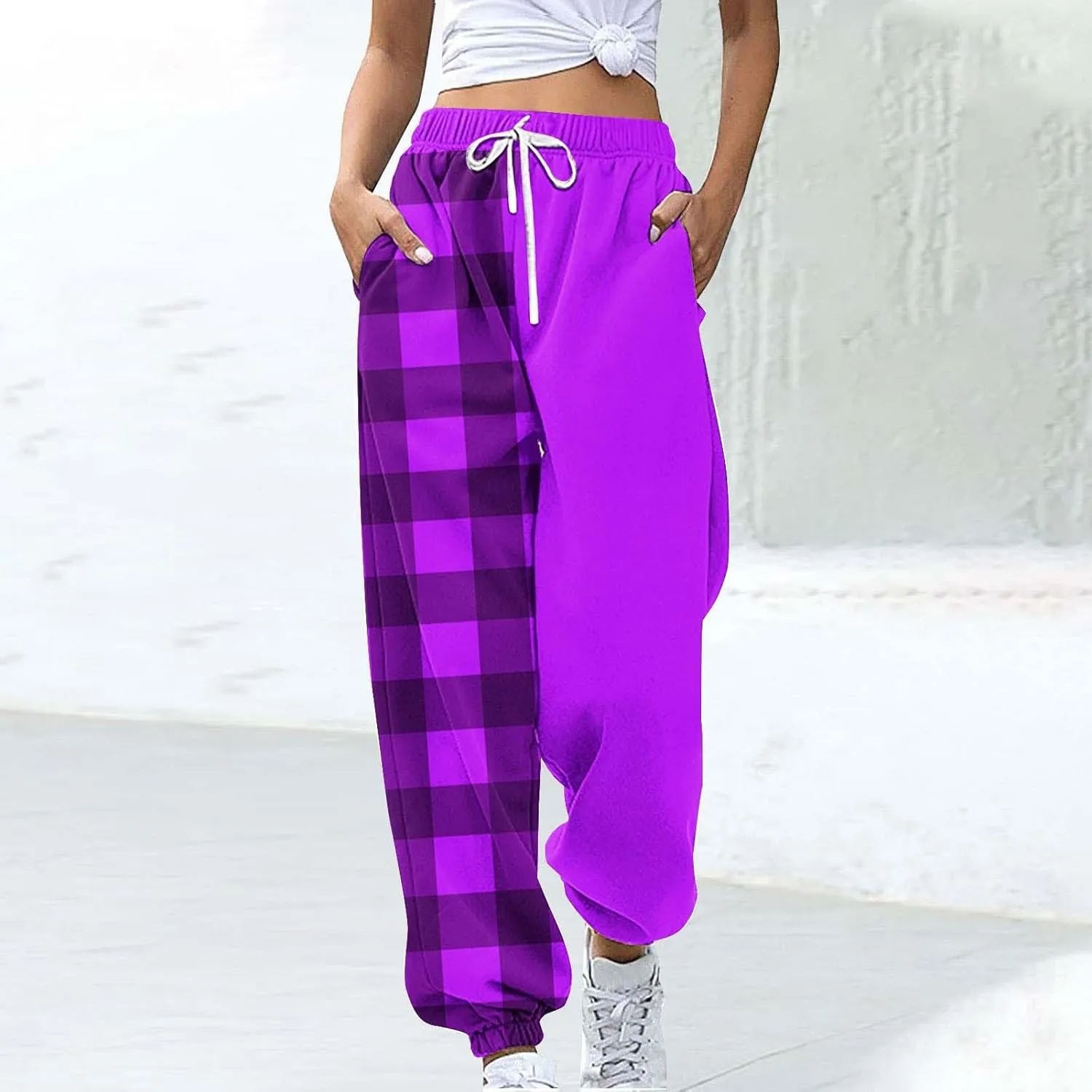 Cotton Plaid Patchwork Sweatpants for Women High Waisted Joggers Lounge Pants for Yoga Running Gym Casual Wear