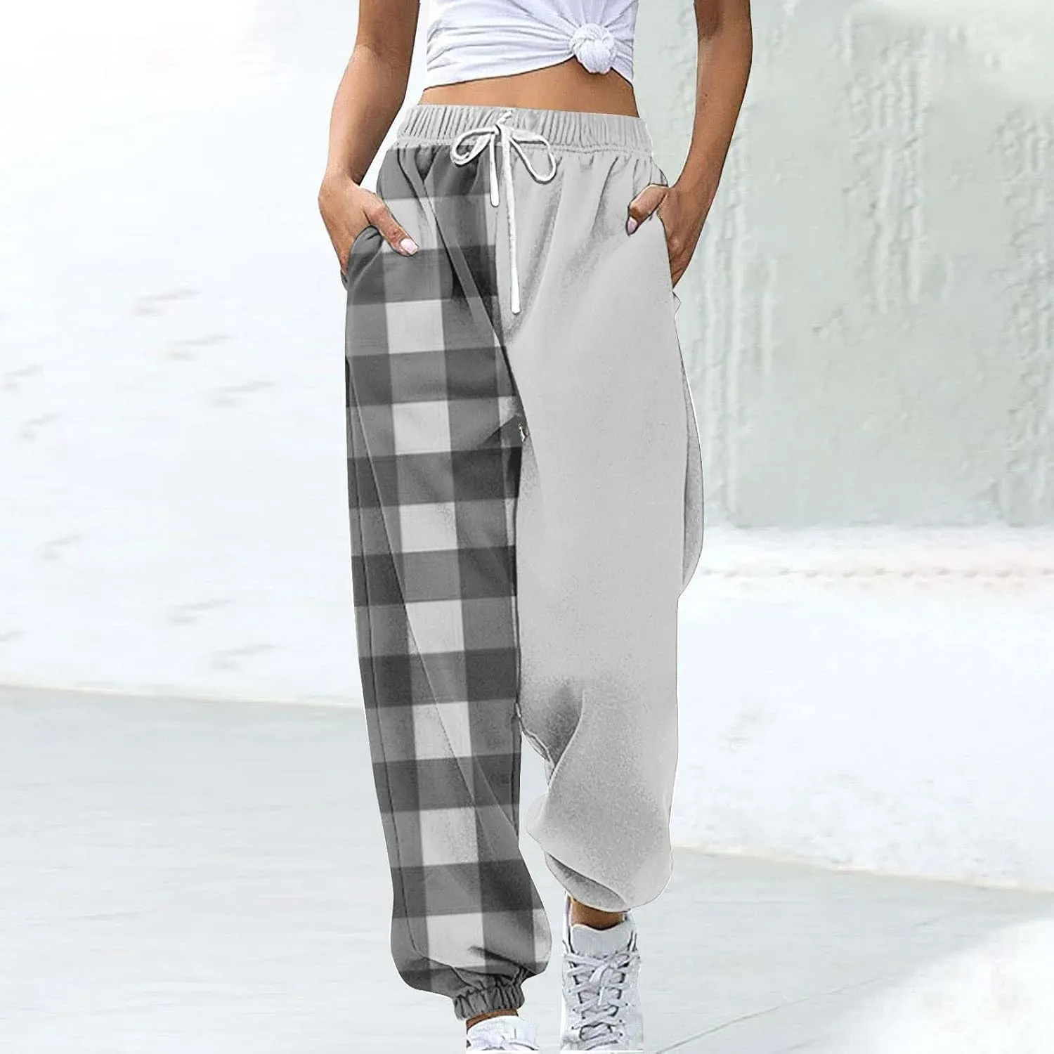 Cotton Plaid Patchwork Sweatpants for Women High Waisted Joggers Lounge Pants for Yoga Running Gym Casual Wear