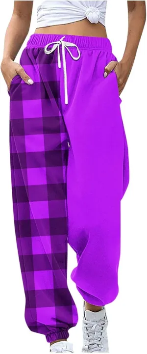 Cotton Plaid Patchwork Sweatpants for Women High Waisted Joggers Lounge Pants for Yoga Running Gym Casual Wear