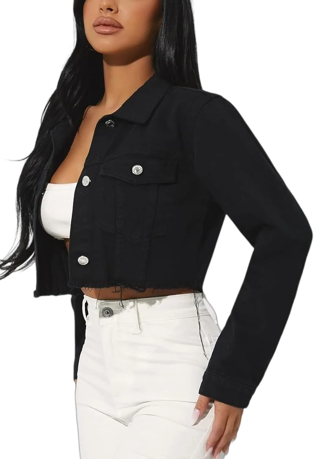 Cropped Jean Jacket for Women Long Sleeve Classic Casual Crop Top Denim Jackets Coat