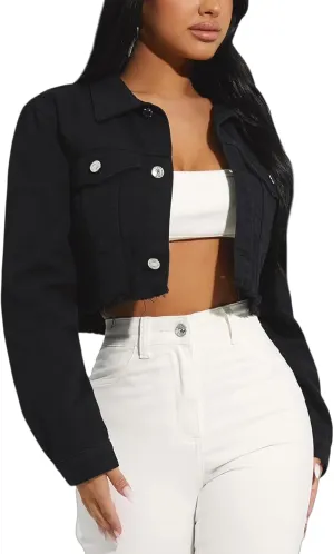 Cropped Jean Jacket for Women Long Sleeve Classic Casual Crop Top Denim Jackets Coat