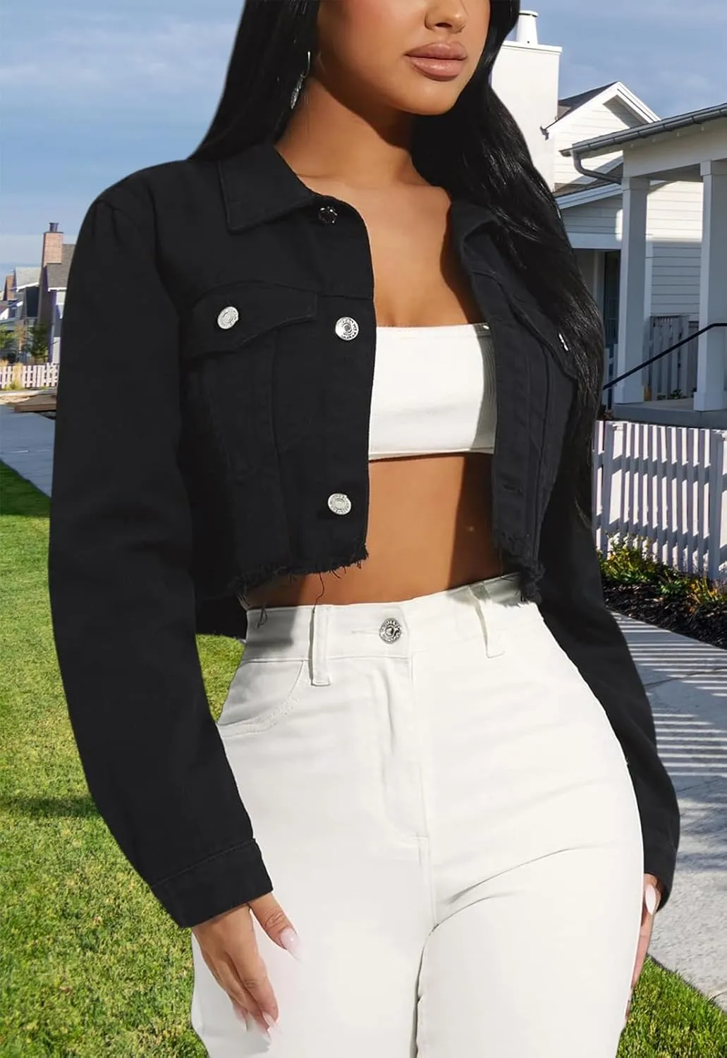 Cropped Jean Jacket for Women Long Sleeve Classic Casual Crop Top Denim Jackets Coat