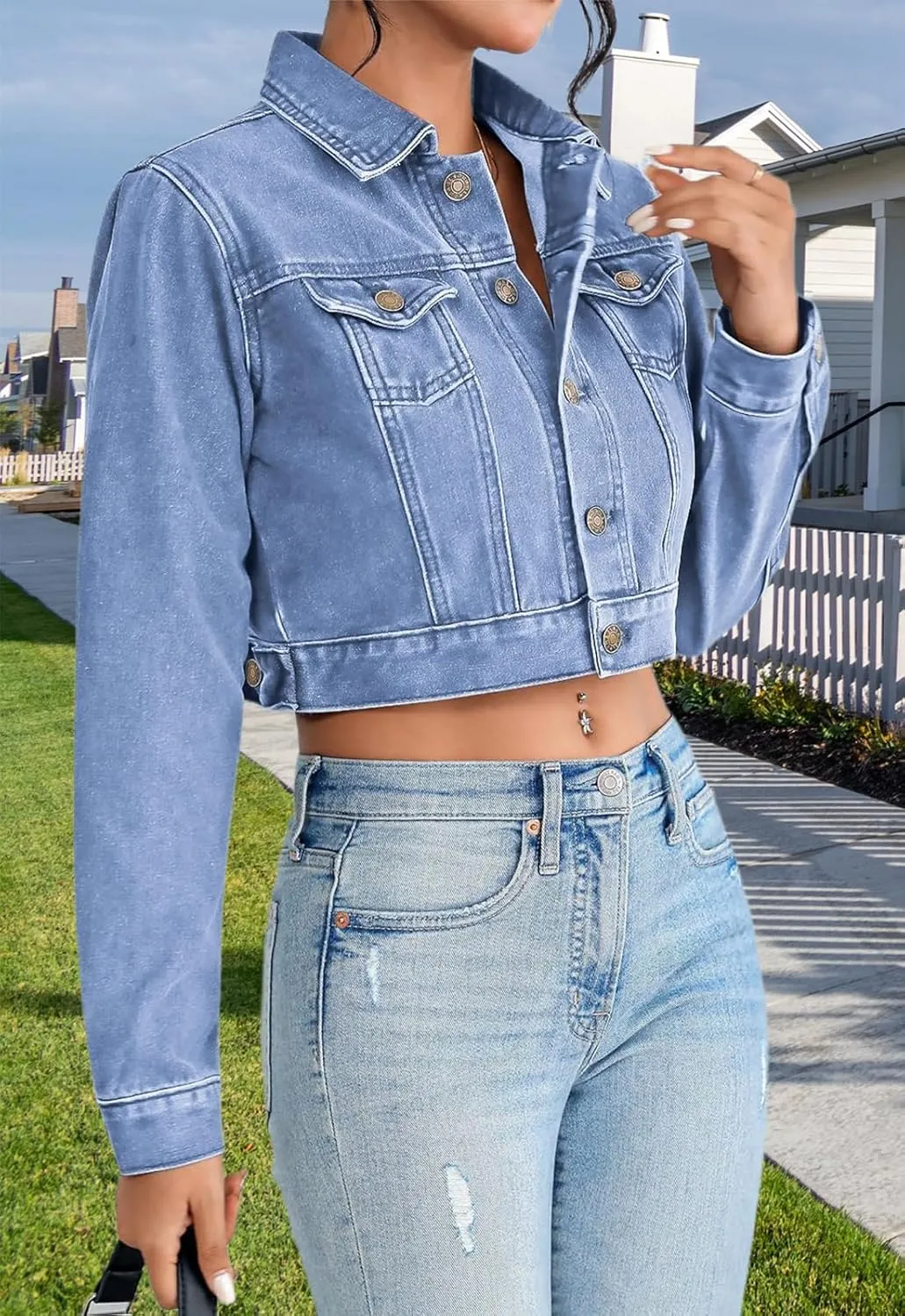 Cropped Jean Jacket for Women Long Sleeve Classic Casual Crop Top Denim Jackets Coat