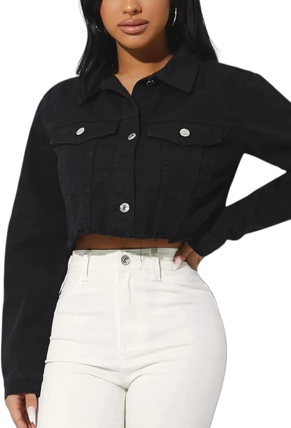 Cropped Jean Jacket for Women Long Sleeve Classic Casual Crop Top Denim Jackets Coat