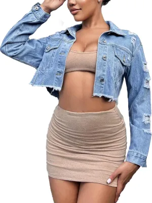 Cropped Jean Jacket for Women Long Sleeve Classic Casual Crop Top Denim Jackets Coat