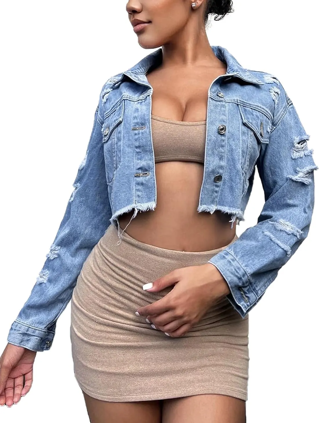Cropped Jean Jacket for Women Long Sleeve Classic Casual Crop Top Denim Jackets Coat