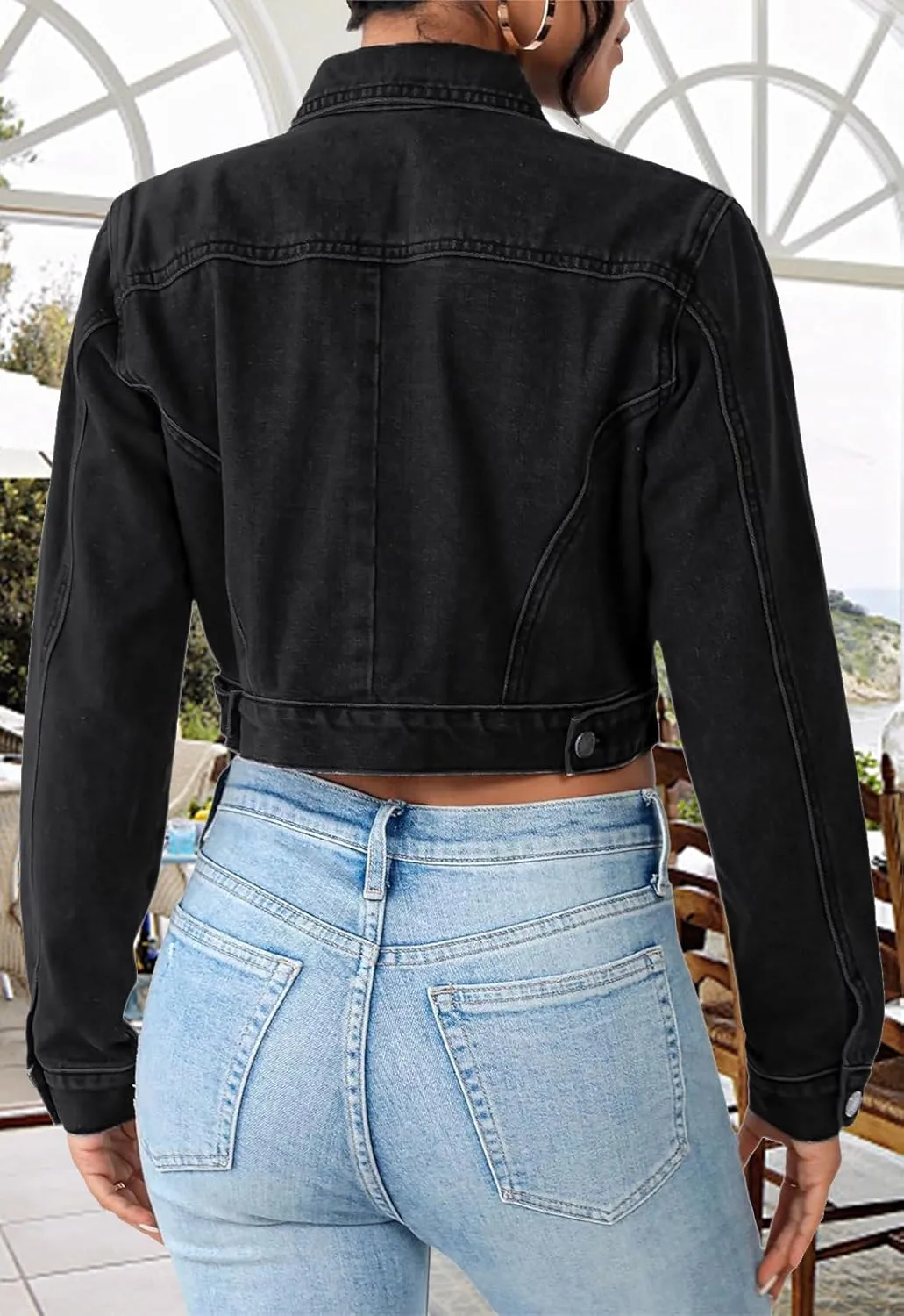 Cropped Jean Jacket for Women Long Sleeve Classic Casual Crop Top Denim Jackets Coat