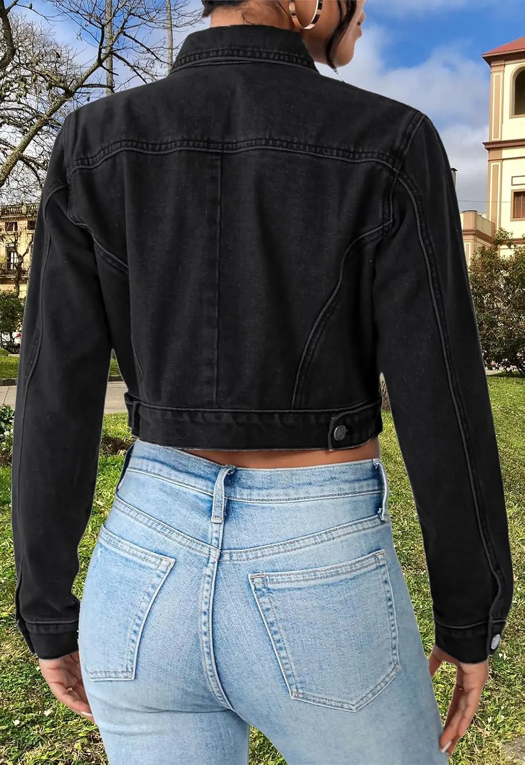 Cropped Jean Jacket for Women Long Sleeve Classic Casual Crop Top Denim Jackets Coat