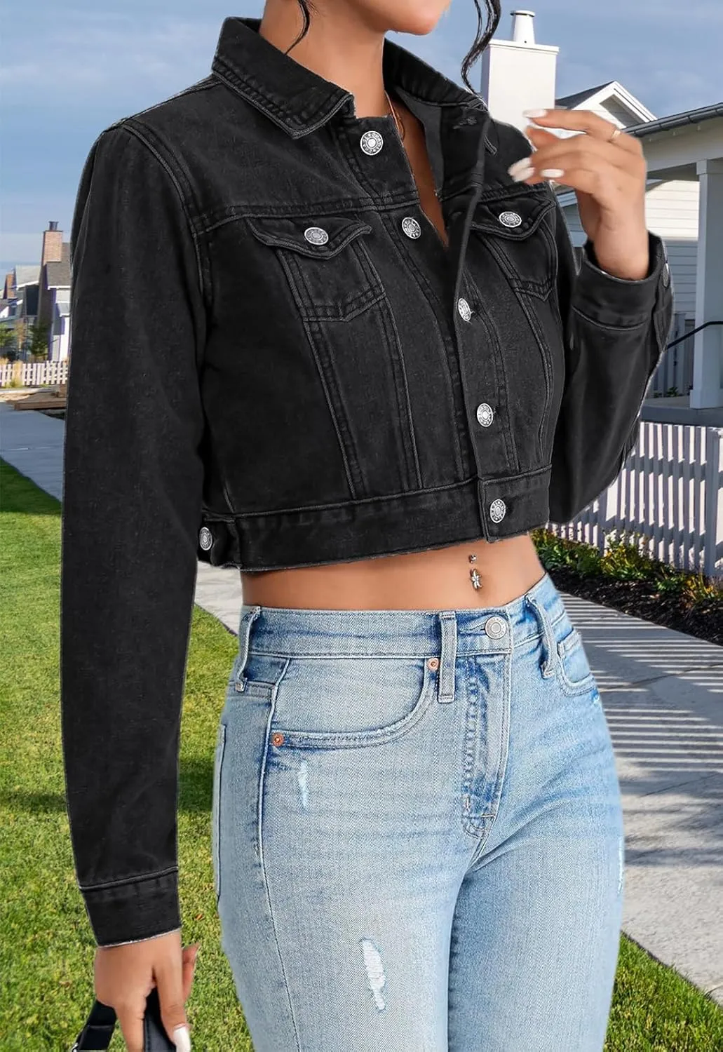 Cropped Jean Jacket for Women Long Sleeve Classic Casual Crop Top Denim Jackets Coat