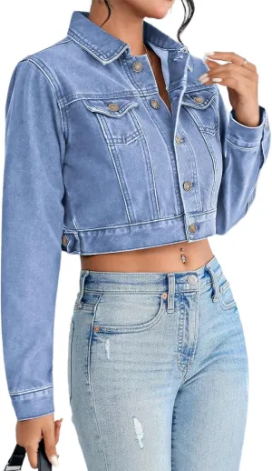 Cropped Jean Jacket for Women Long Sleeve Classic Casual Crop Top Denim Jackets Coat