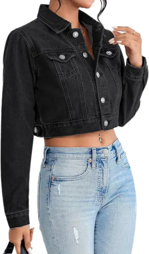 Cropped Jean Jacket for Women Long Sleeve Classic Casual Crop Top Denim Jackets Coat