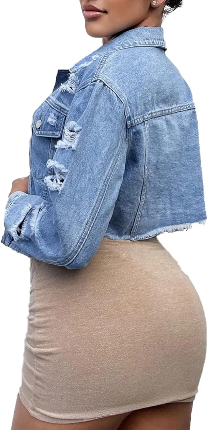 Cropped Jean Jacket for Women Long Sleeve Classic Casual Crop Top Denim Jackets Coat