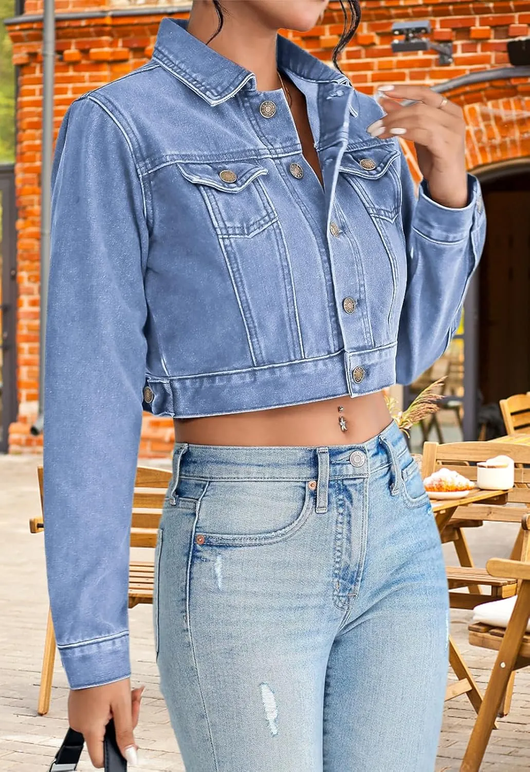 Cropped Jean Jacket for Women Long Sleeve Classic Casual Crop Top Denim Jackets Coat