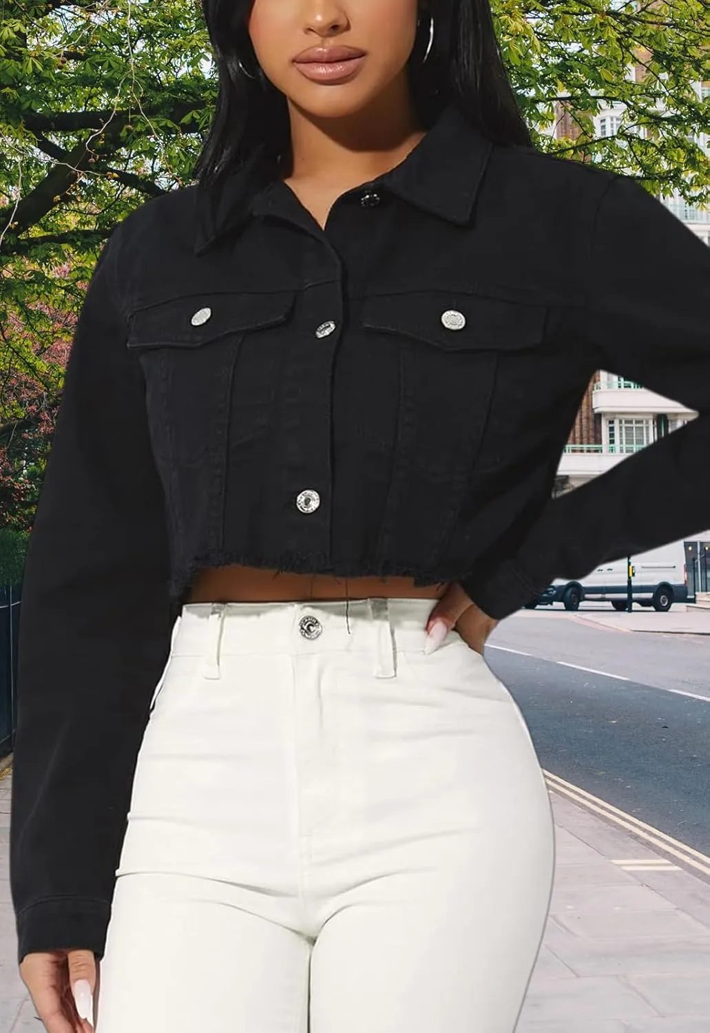 Cropped Jean Jacket for Women Long Sleeve Classic Casual Crop Top Denim Jackets Coat