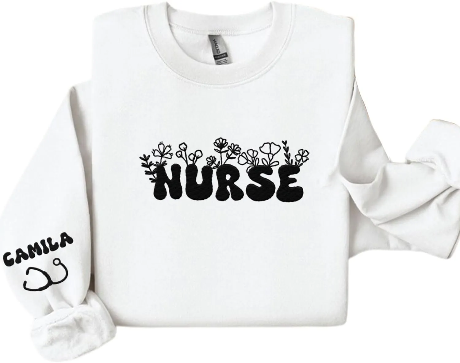 Custom Embroidered Nurse Sweatshirt Personalized Name Sleeve Gift for Women RN LPN CNA Cute Health Tee for School Medical