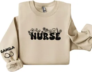 Custom Embroidered Nurse Sweatshirt Personalized Name Sleeve Gift for Women RN LPN CNA Cute Health Tee for School Medical