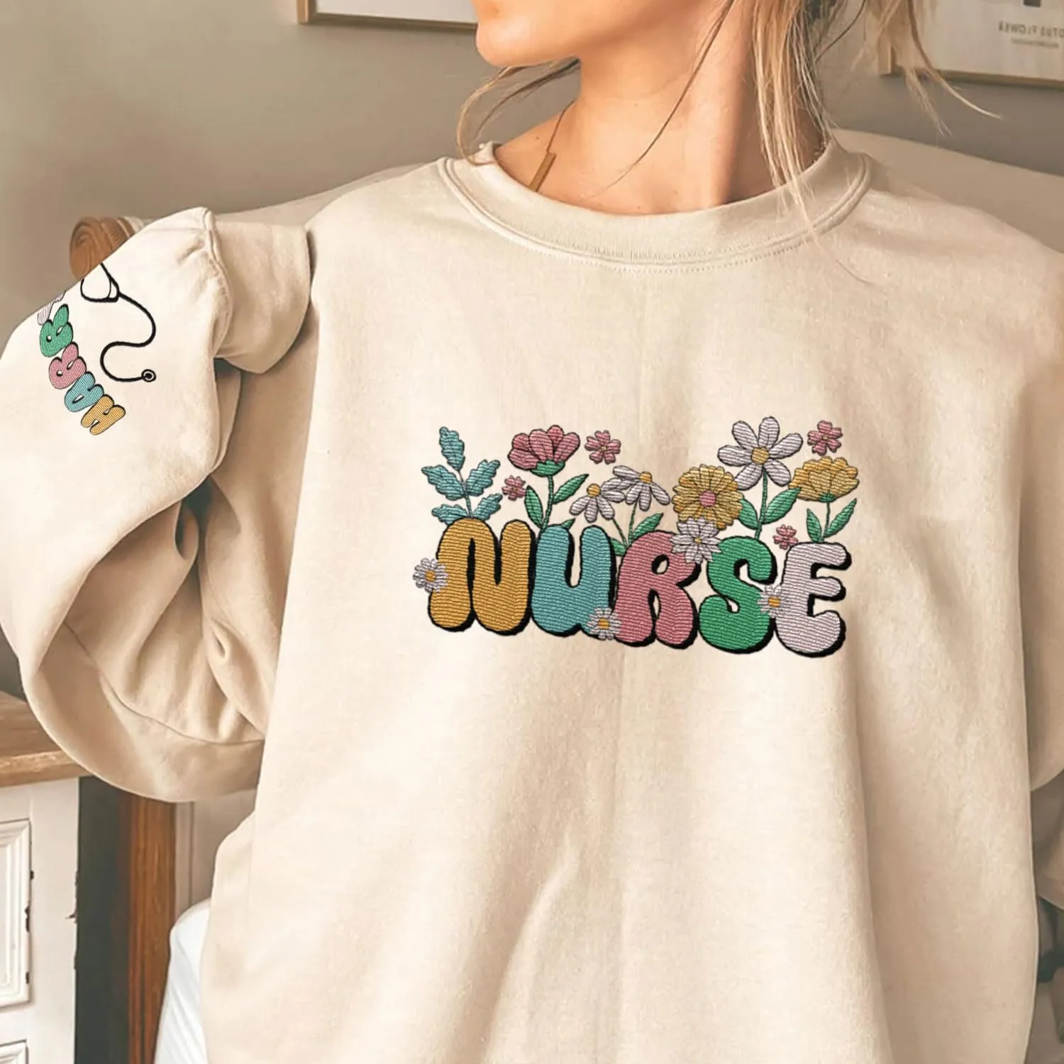 Custom Embroidered Nurse Sweatshirt Personalized Name Sleeve Gift for Women RN LPN CNA Cute Health Tee for School Medical