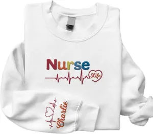 Custom Embroidered Nurse Sweatshirt Personalized Name Sleeve Gift for Women RN LPN CNA Cute Health Tee for School Medical