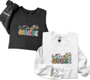 Custom Embroidered Nurse Sweatshirt Personalized Name Sleeve Gift for Women RN LPN CNA Cute Health Tee for School Medical