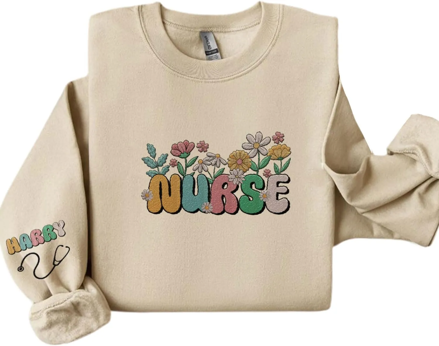 Custom Embroidered Nurse Sweatshirt Personalized Name Sleeve Gift for Women RN LPN CNA Cute Health Tee for School Medical