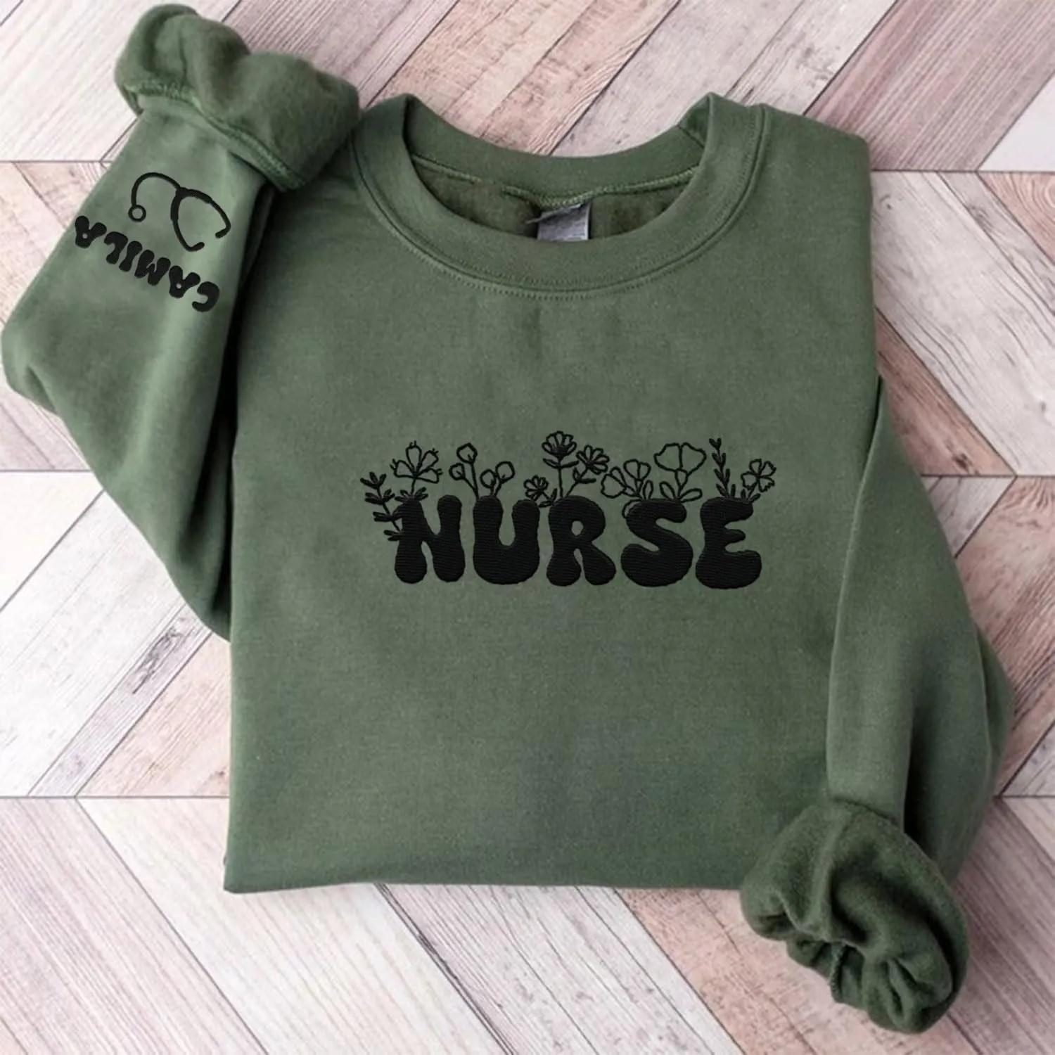 Custom Embroidered Nurse Sweatshirt Personalized Name Sleeve Gift for Women RN LPN CNA Cute Health Tee for School Medical