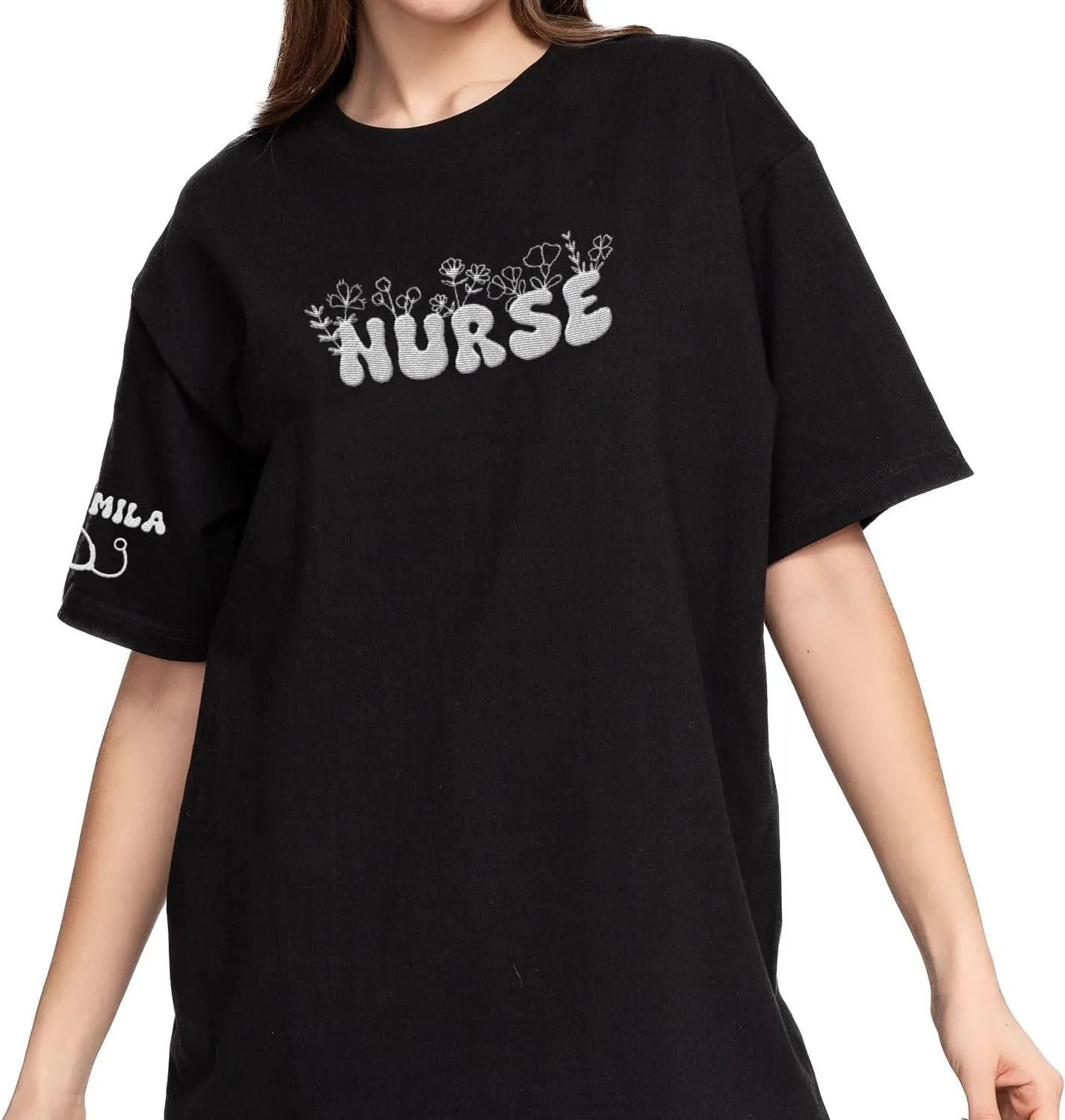 Custom Embroidered Nurse Sweatshirt Personalized Name Sleeve Gift for Women RN LPN CNA Cute Health Tee for School Medical