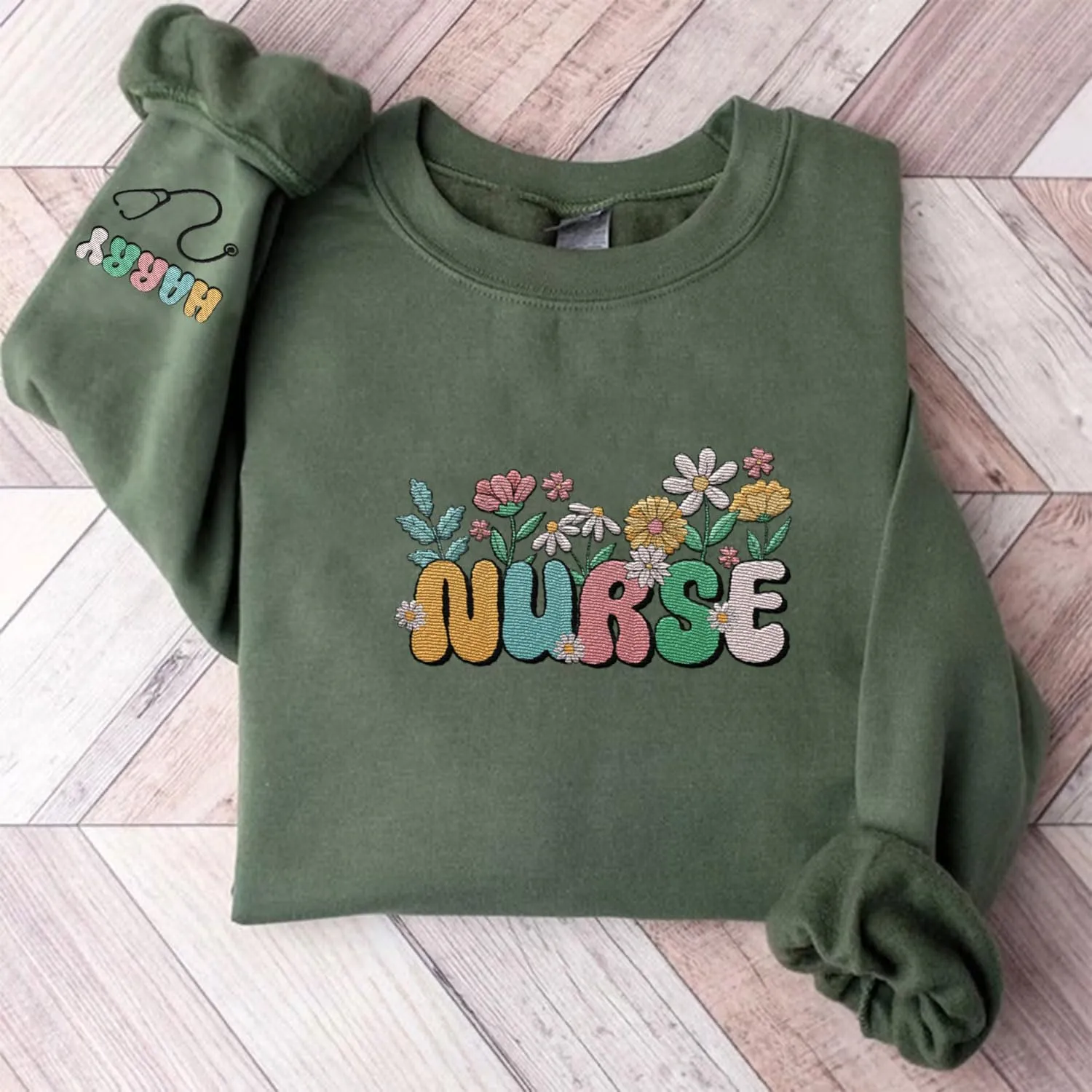 Custom Embroidered Nurse Sweatshirt Personalized Name Sleeve Gift for Women RN LPN CNA Cute Health Tee for School Medical