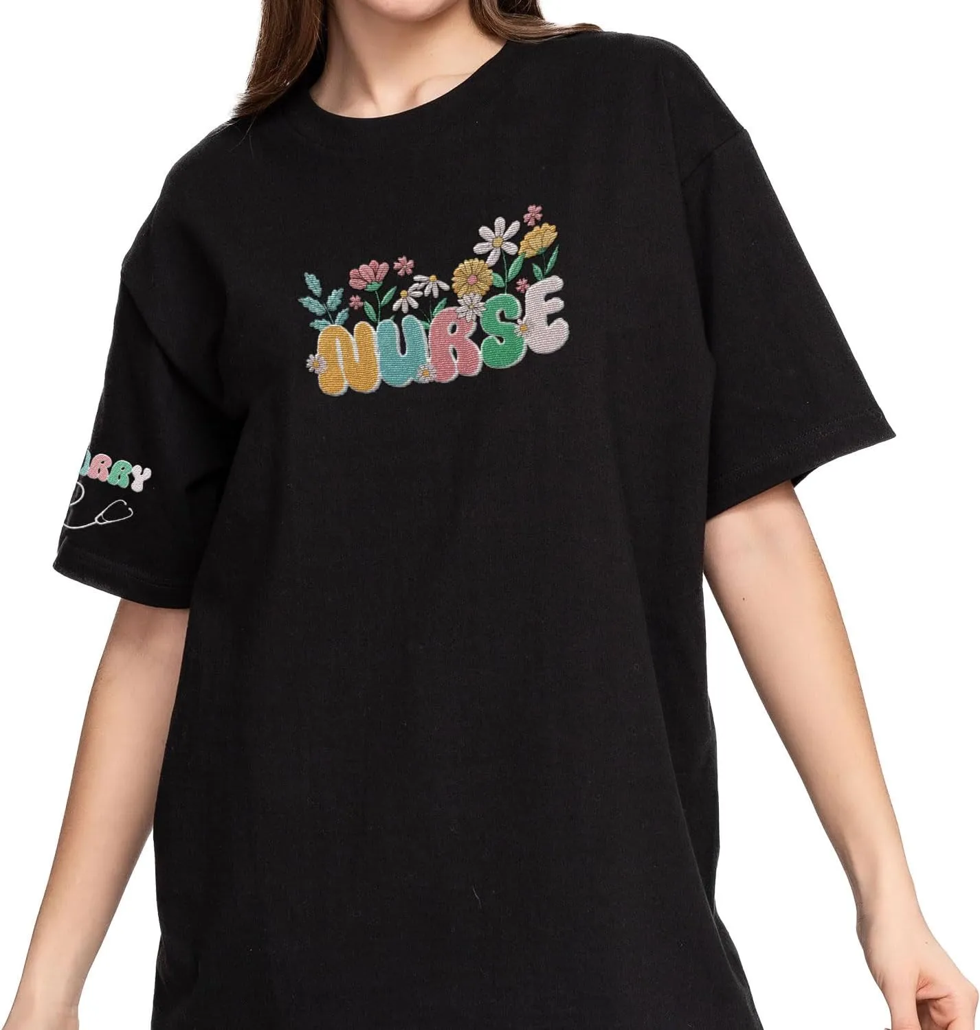 Custom Embroidered Nurse Sweatshirt Personalized Name Sleeve Gift for Women RN LPN CNA Cute Health Tee for School Medical
