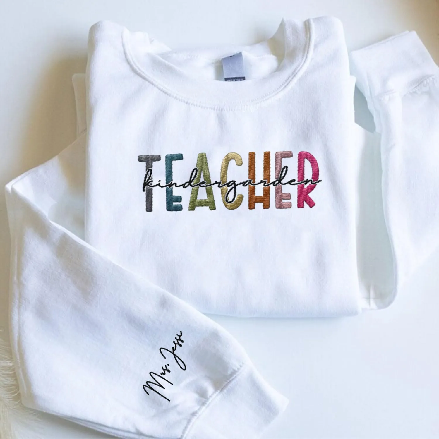 Custom Teacher Back to School Embroidered SweatShirt Gifts Preschool to Elementary ABCD Rainbow Pencil T-Shirts for Women Men