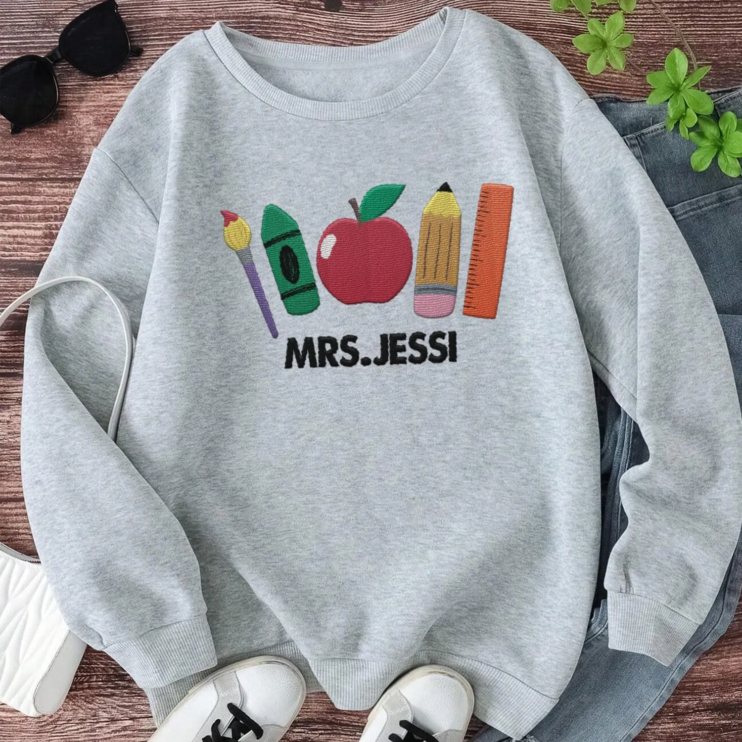 Custom Teacher Back to School Embroidered SweatShirt Gifts Preschool to Elementary ABCD Rainbow Pencil T-Shirts for Women Men