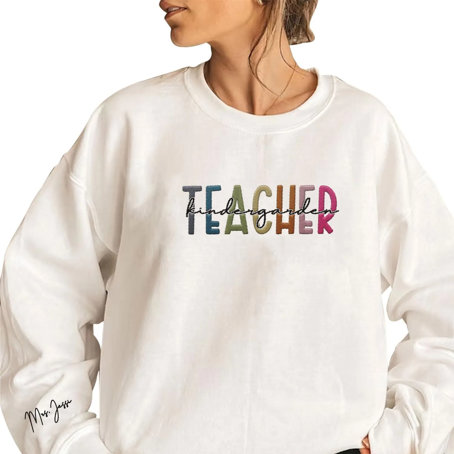 Custom Teacher Back to School Embroidered SweatShirt Gifts Preschool to Elementary ABCD Rainbow Pencil T-Shirts for Women Men