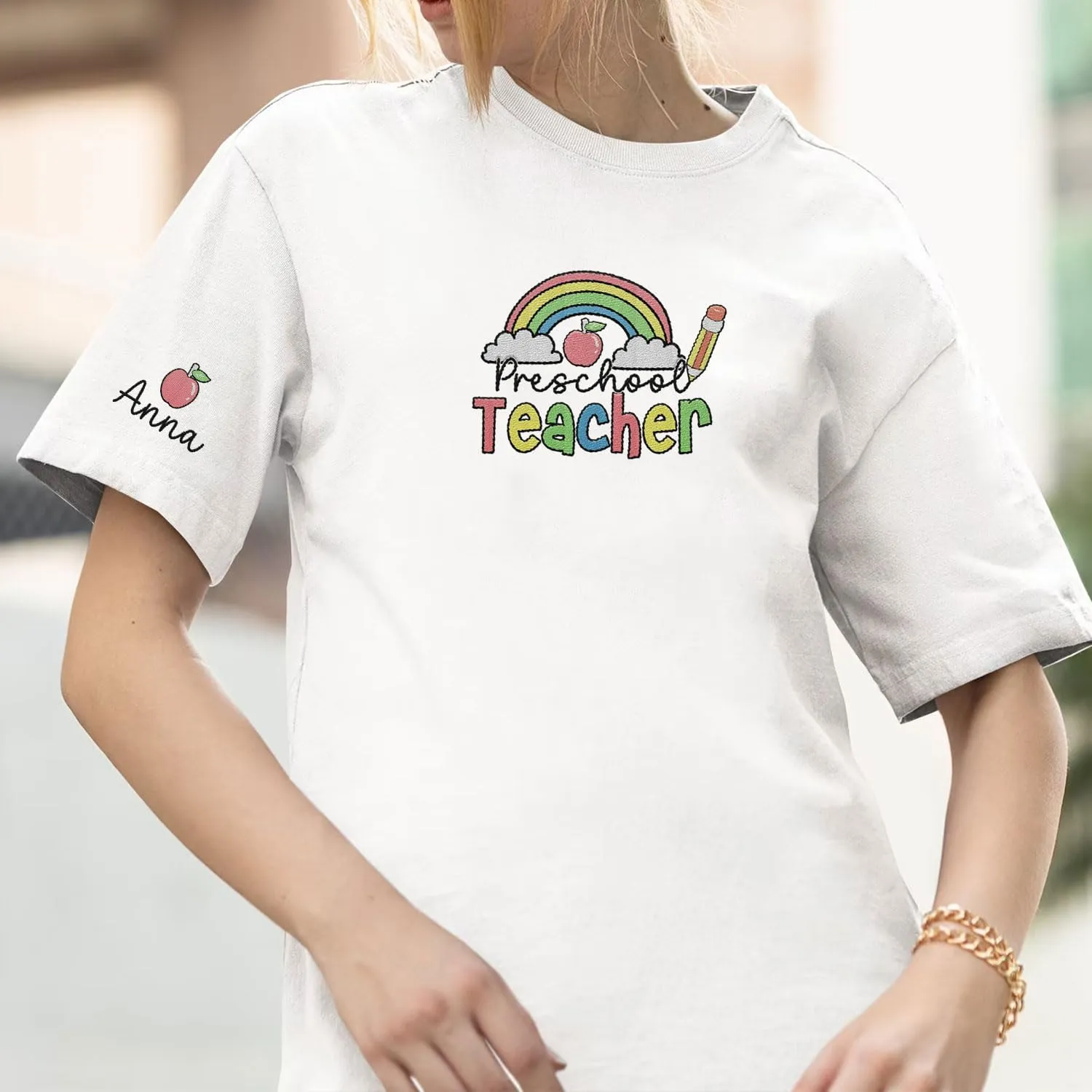 Custom Teacher Back to School Embroidered SweatShirt Gifts Preschool to Elementary ABCD Rainbow Pencil T-Shirts for Women Men